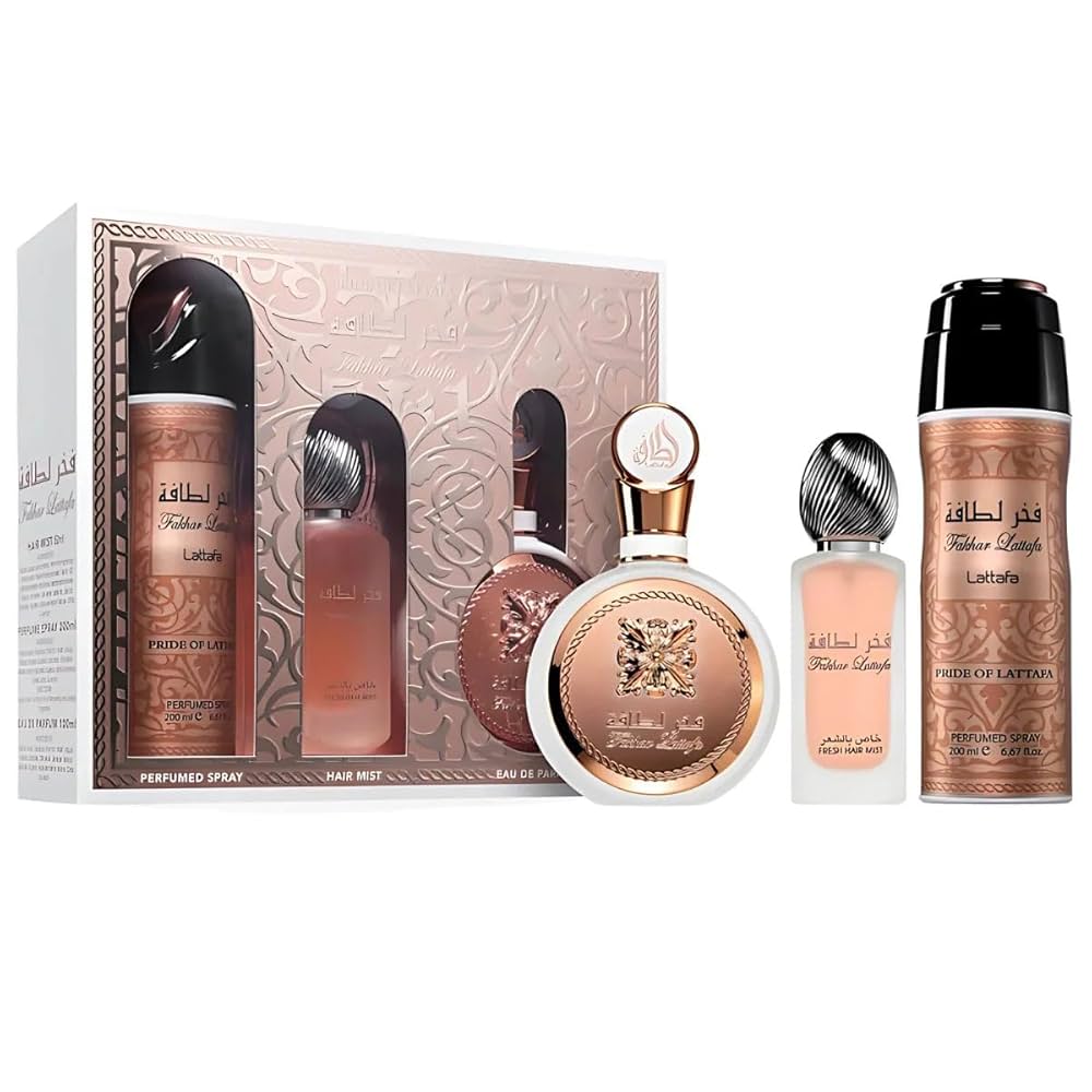 SET LATTAFA FAKHAR WOMEN ( 3 PC) 3.4 OZ EDP / 6.8 OZ PERFUME SPY / 1.7 OZ HAIRMIST