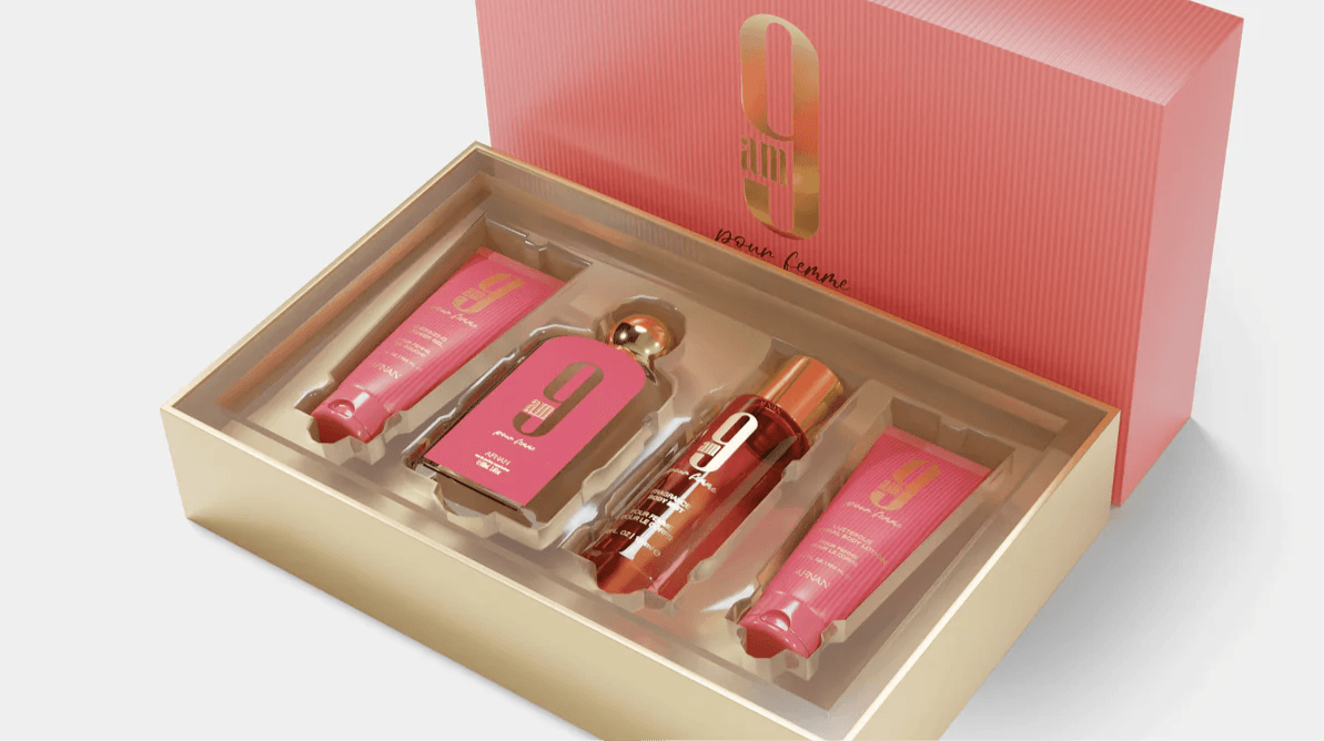 AFNAN 9AM FEMME 4PC SET 3.4 EDP SPRAY / 3.4 S.GEL / 3.4 BL / 5.0 BODY MIST