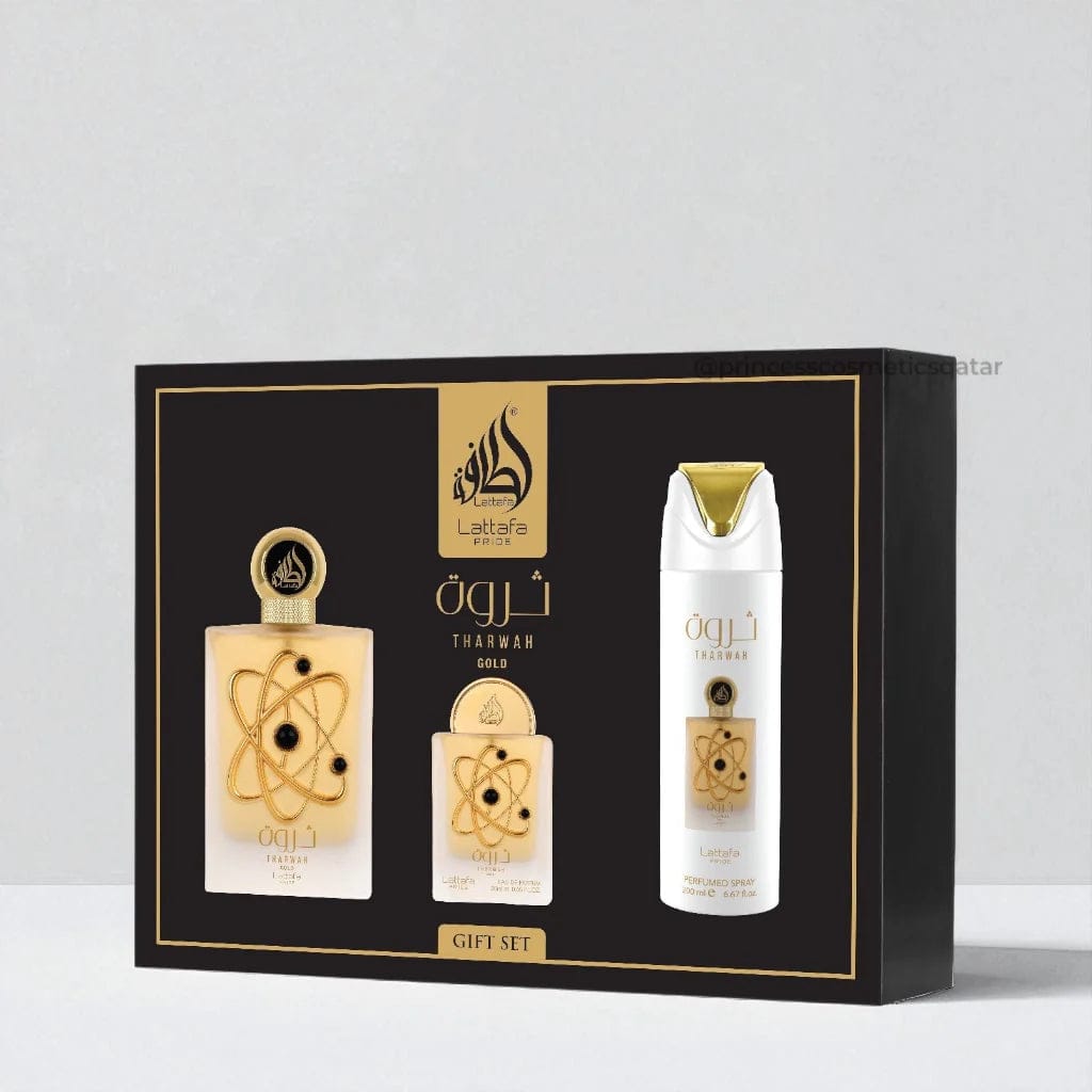 GIFT SET THARWAH GOLD WOMEN - 3 Piece Eau De Parfum Gift Set BY LATTAFA PRIDE
