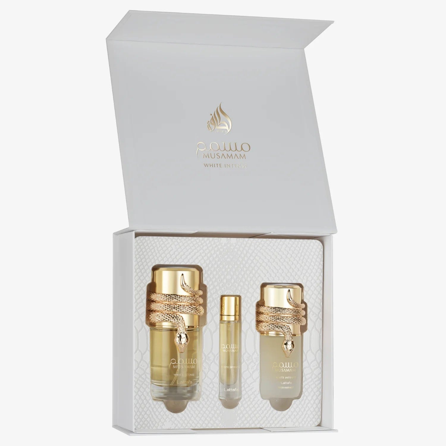 LATTAFA MUSAMAM WHITE INTENSE 3 PCS GIFTSET WITH 100ML EDP + 12ML TRAVEL SPRAY + 50ML HAIRMIST